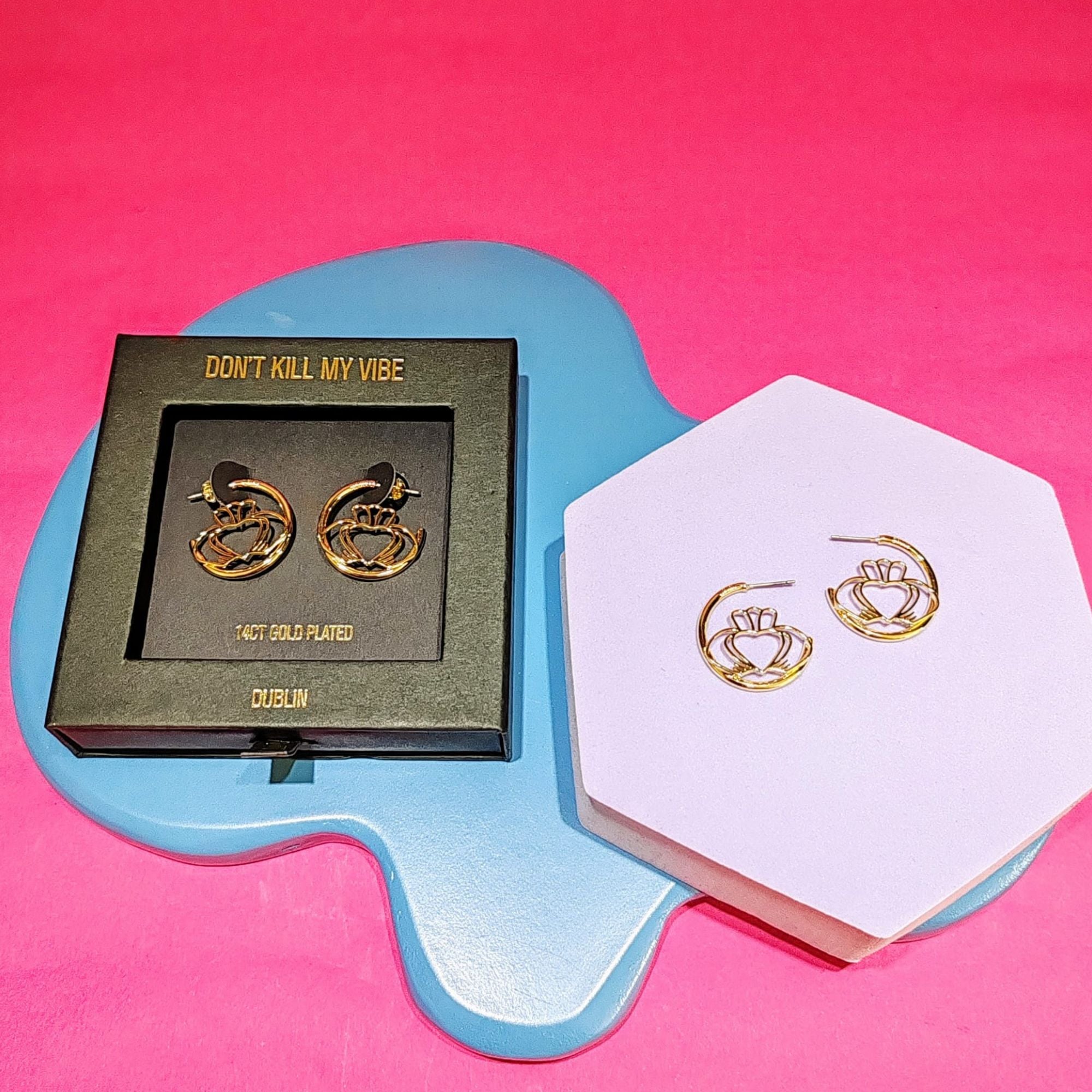 Gold Have My Heart Claddagh Hoop Earrings Display and in Gift Box