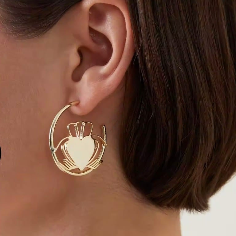 Gold Heart Strong Claddagh Hoop Earrings