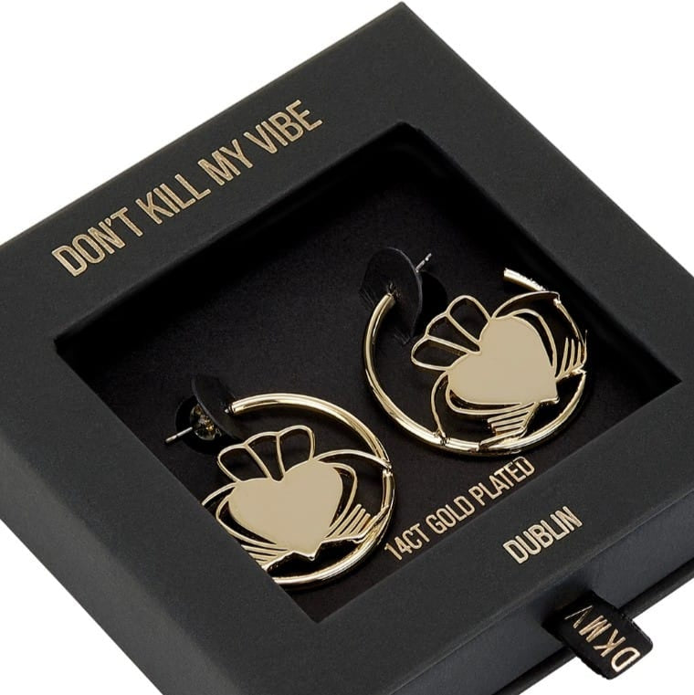 Gold Heart Strong Claddagh Hoop Earrings in Gift Box