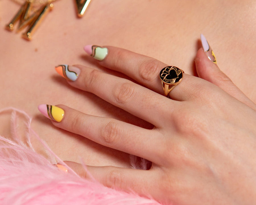 Model Wearing Gold Heart Strong Claddagh Sovereign Ring