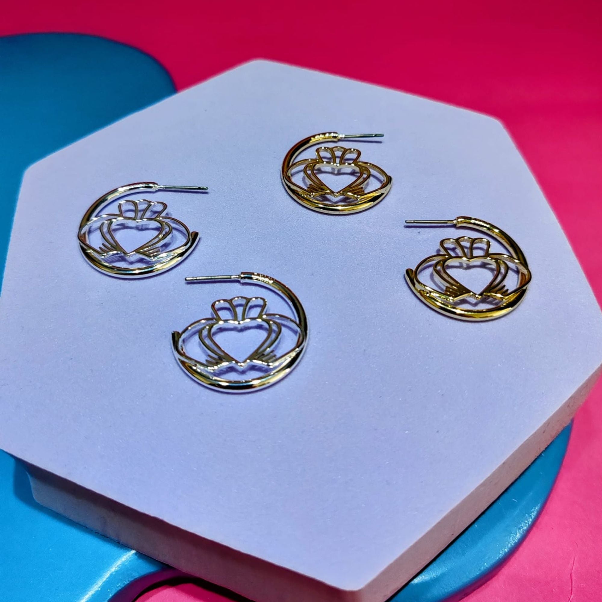 Have My Heart Gold and Silver Claddagh Hoop Earrings displayed