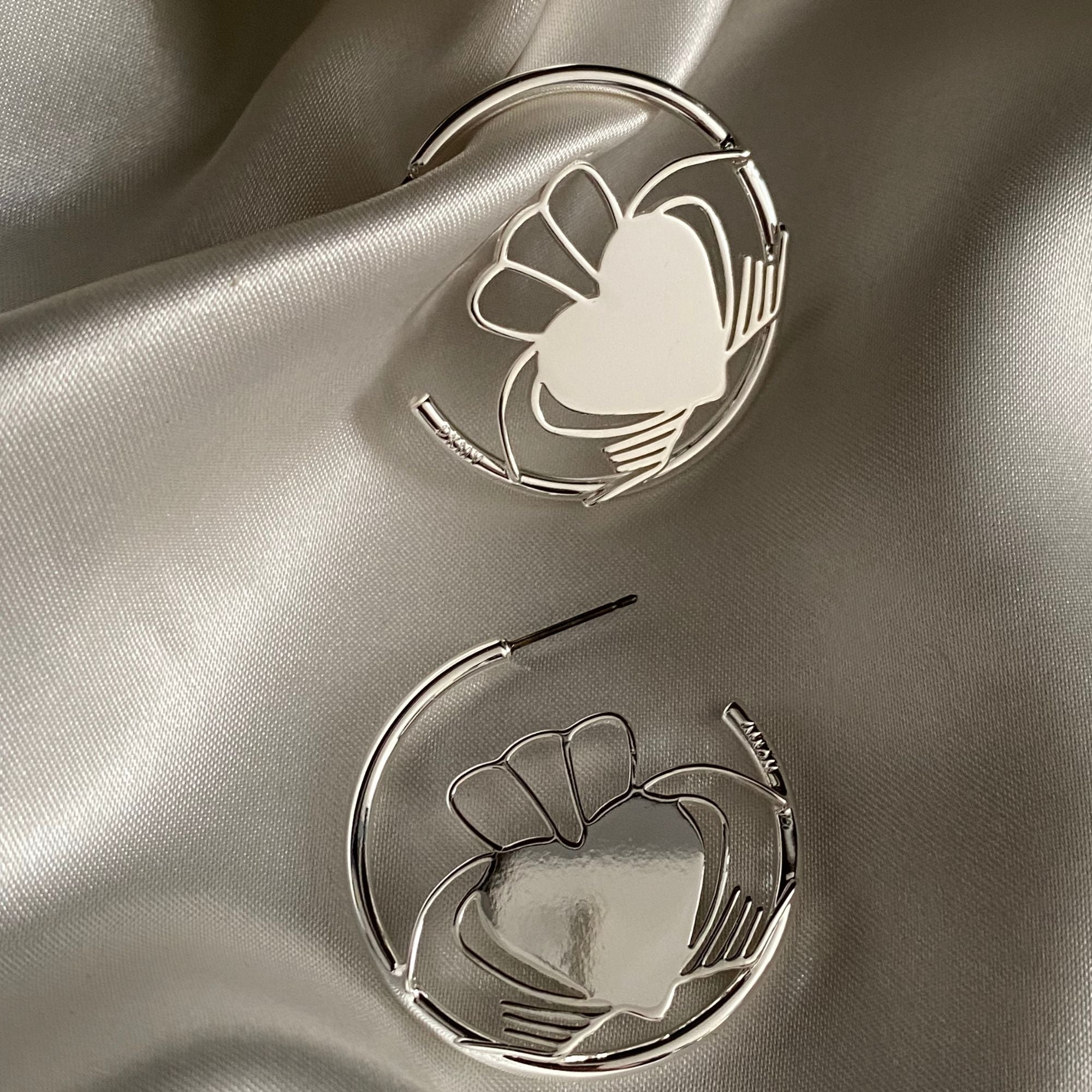 Silver Heart Strong Claddagh Hoop Earrings