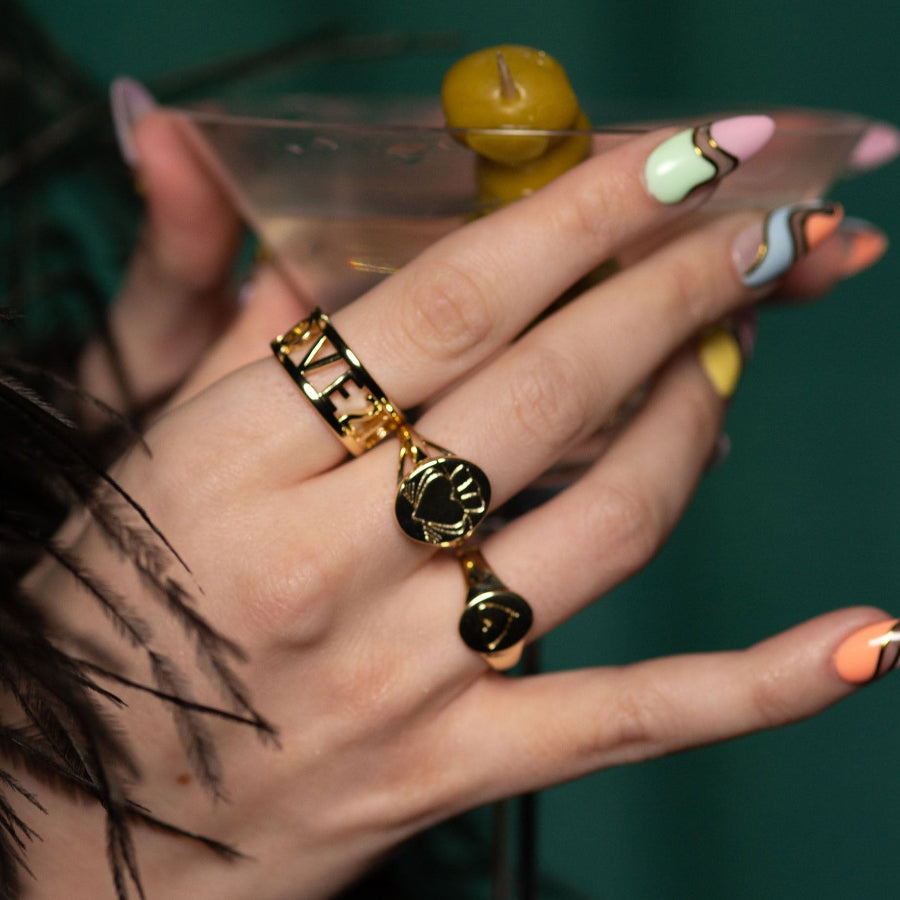 Model Wearing Gold Heart Strong Claddagh Sovereign Ring