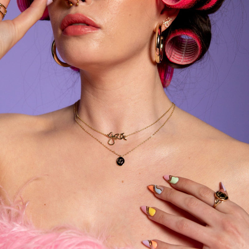 Model Wearing Gold Grá Beag Necklace