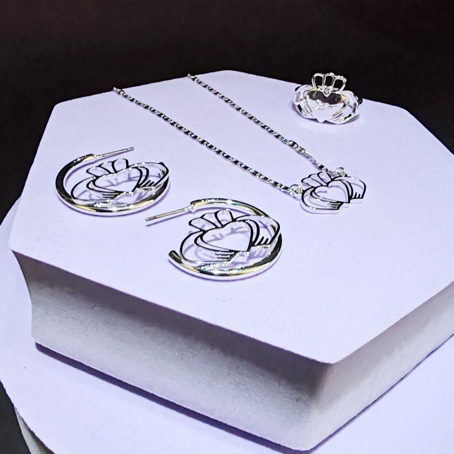 Have My Heart Silver Claddagh Necklace Earrings and Ring Set Jewellery Display 