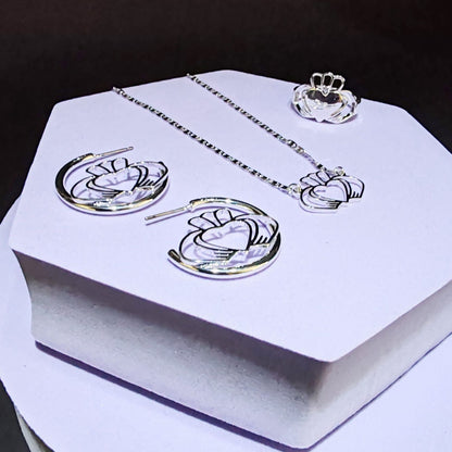 Have My Heart Silver Claddagh Necklace Earrings and Ring Set Jewellery Display 